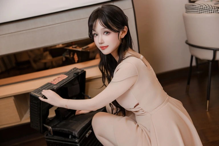 雪晴Astra《洗浴店 杏色工作服A字裙》主题写真：86张全套美图，含1个视频