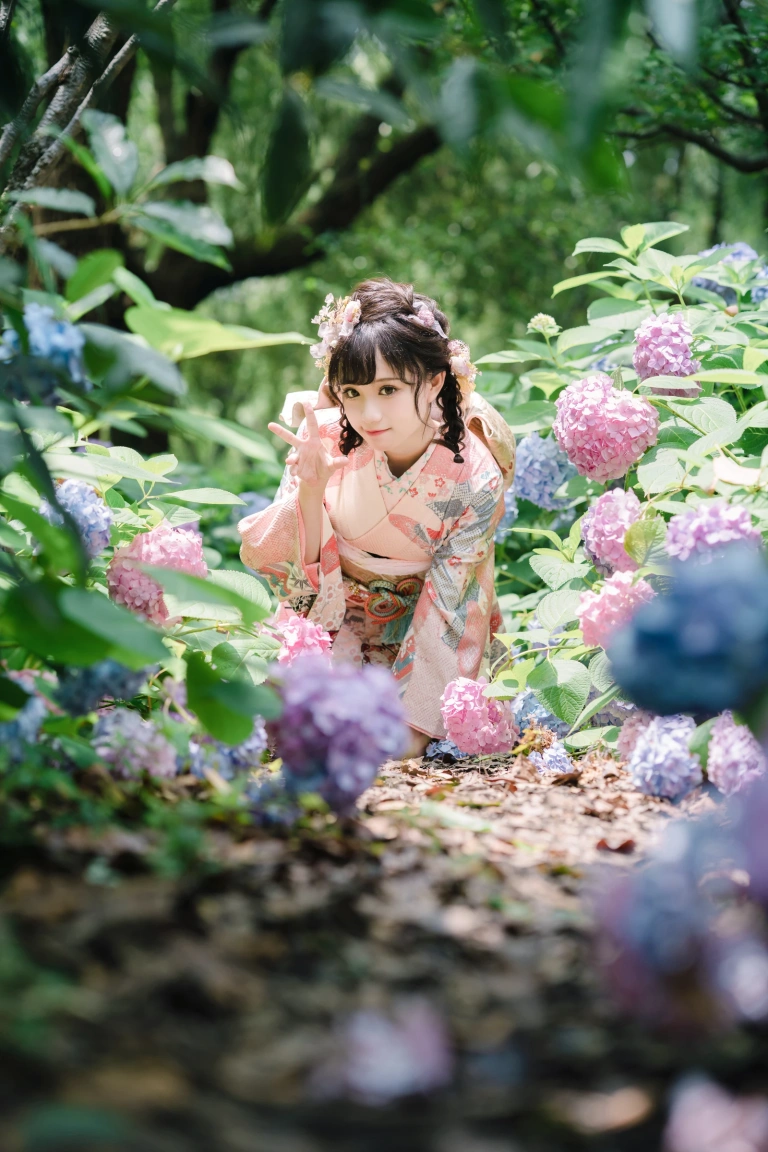 花柒Hana《绣球花和服》主题写真：18张全套美图