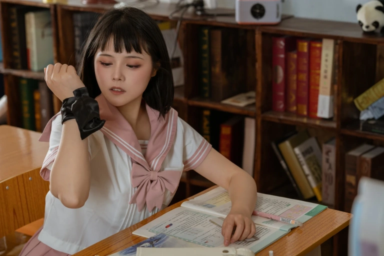 七月喵子《放学后的补习（&奈汐酱nice）》主题写真：72张全套美图，含1个视频
