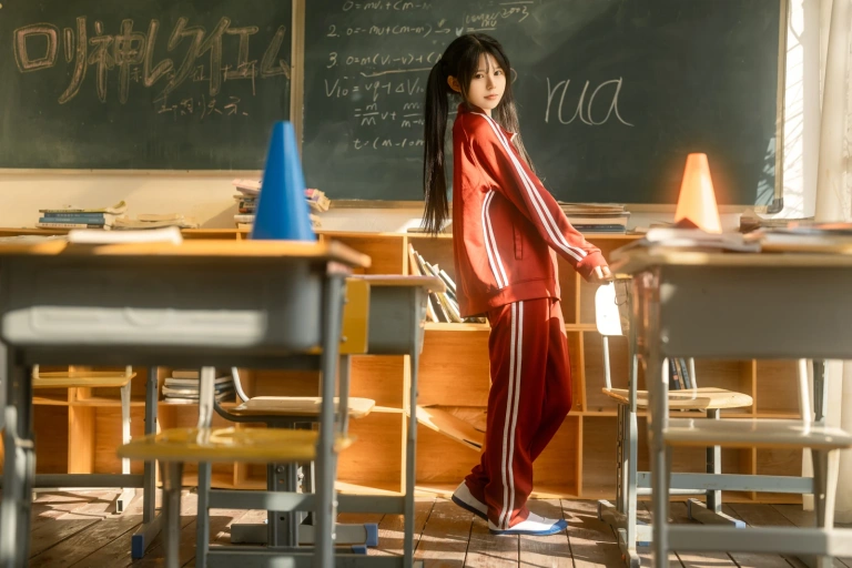 rua阮阮《课间的阳光 红色校服》主题写真：42张全套美图