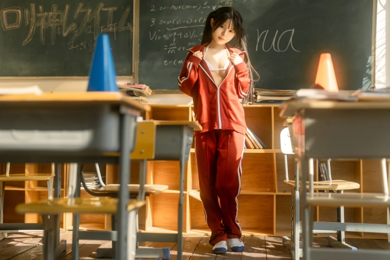 rua阮阮《课间的阳光 红色校服》主题写真：42张全套美图